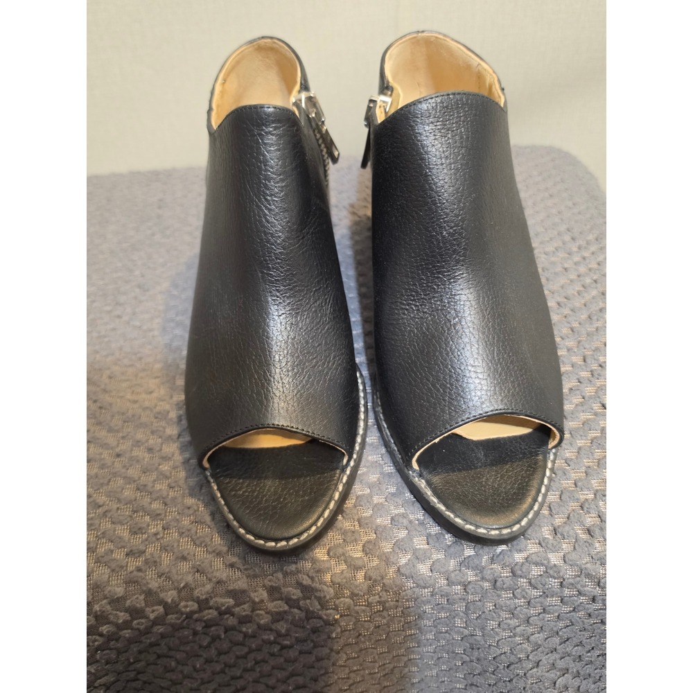 LOQ Black Pebbled Leather Peep Toe Block Heel Ankle Boots Size 39 Made in Spain